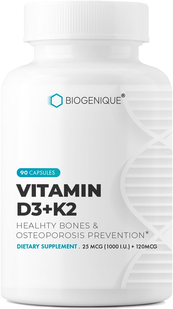 Vitamine D3+K2, Naturel Vitamine d3 25 mcg 1000 I.U. et Vitamine k2 comme MK-7 120 mcg - favorise la santé du coeur, des os et des dents - 90 capsules naturelles - non-OGM