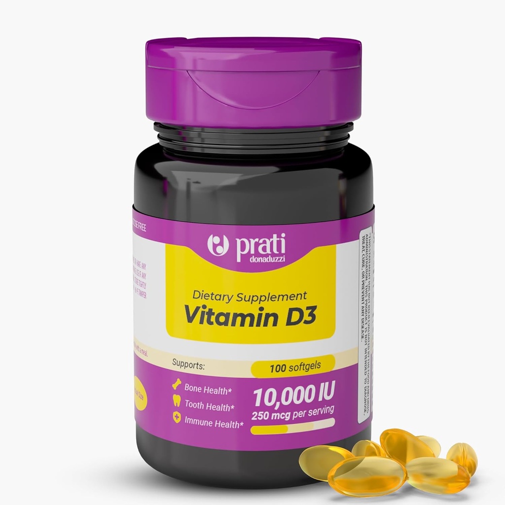 Vitamine D3 10 000 UI – 100 Softgels – Soutient le système de défense, la santé osseuse et musculaire – Taille de la famille