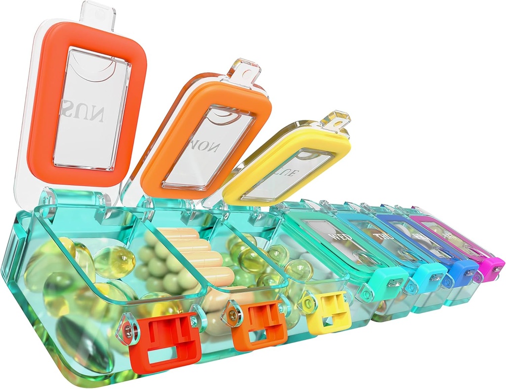 BEXEEN Weekly Medicine Pill Organizer Waterproof 7 Day Large Pill Box Daily Pill Case Cute Vitamine Organizer Portable Pill Container Travel Pills Holder XL Supplément Médicament Dispenser Un par jour