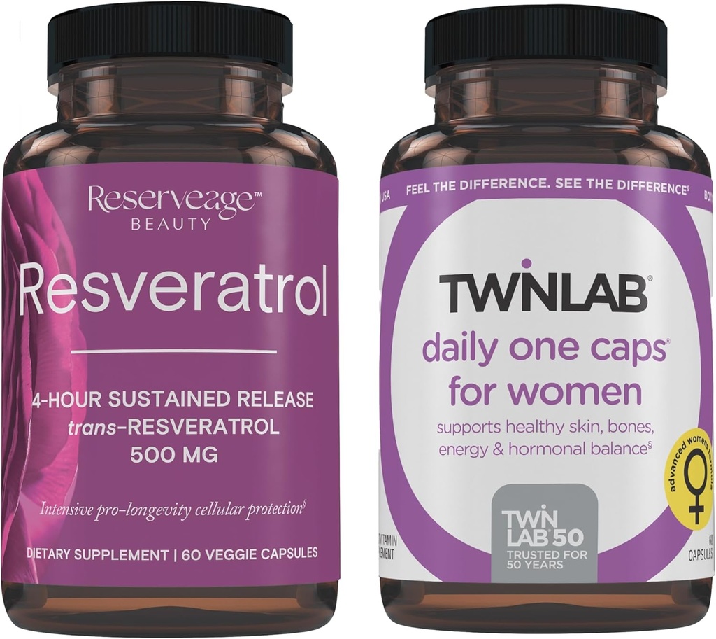 Réserve Beauté Resveratrol 500 mg - Sustained-Release Trans-Resveratrol - Supplément antioxydant végétalien pour la santé du cerveau et du coeur 60 Capsules et Twinlab TWL Women's Daily One 60 ct