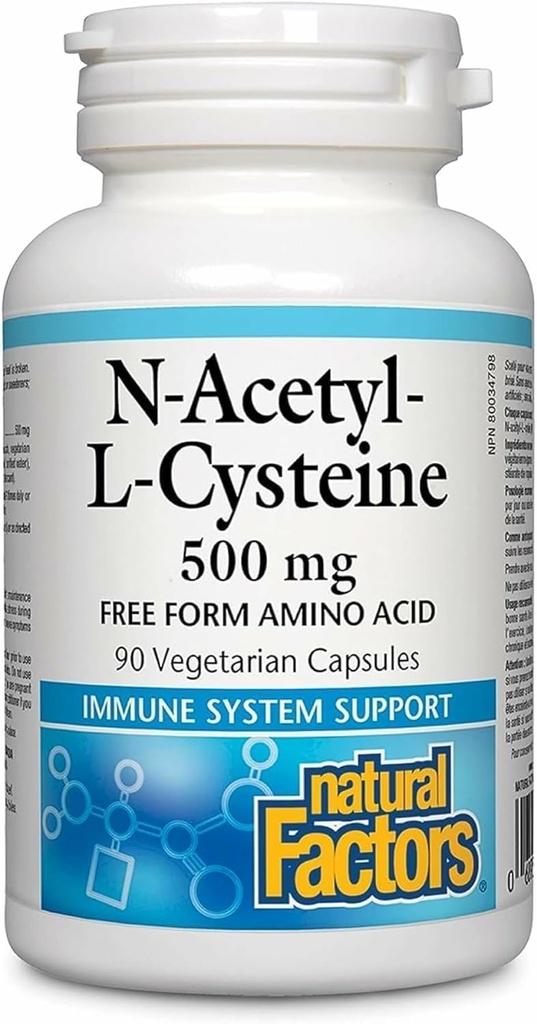 Facteurs naturels N-acétyl-L-Cysteine 500 mg - Soutienne le foie et les poumons en bonne santé - Supplément de soutien antioxydant soutient le système immunitaire Santé - 90 Capsules végétariennes (90 portions)