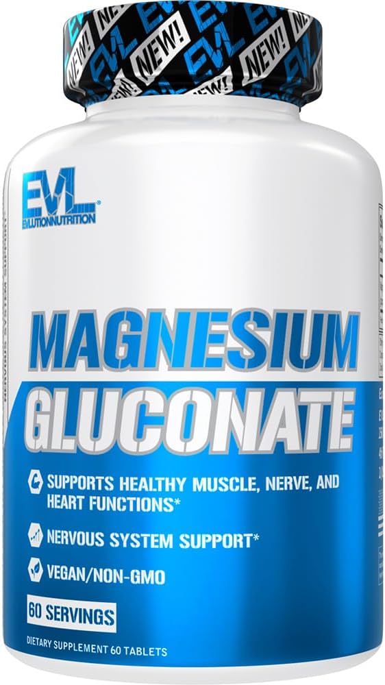 Evlution Nutrition Gluconate de magnésium - Muscle + Nerve + Supplément santé cardiaque - Soutien du système nerveux - Vegan & Non-OGM - 60 portions