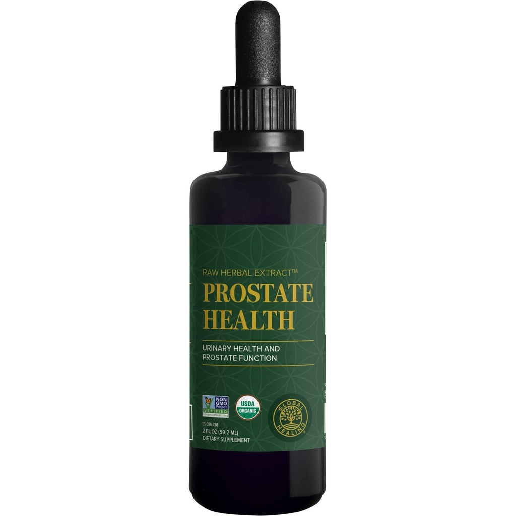 Global Healing Organic Prostate Health - Mens Health Supplement - Suppléments prostatiques aident le contrôle urinaire de la vésicule, soulagement de l'urine fréquente réduit les voyages de salle de bains - 2 Fl Oz