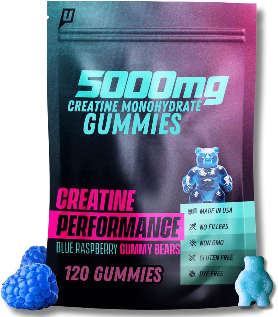 Gommies monohydratées créatine 5G - Delicious Blue Raspberry Flavor, Max Strength for Muscle Growth, Absorbation rapide pour les hommes et les femmes - Premium All Natural, Lab Tested - 30 portions