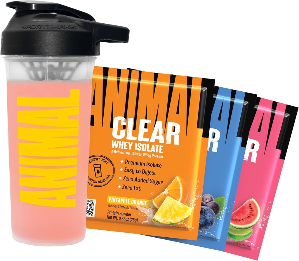 Animal Clear Whey Protein Isolate Sampler Pack & Shaker Bottle - Deliciously Juicy 20g Protein, Watermelon Limeade, Blueberry Acai, Pineapple Orange, 3 Single-Serving Packets
