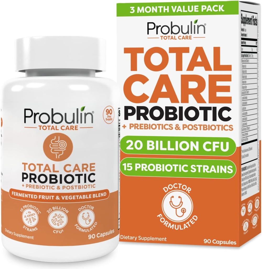 Probuline Total Care Probiotic Supplement, Gut quotidien, Digestive et Immune Health Probiotics Capsules pour les hommes et les femmes, 20 Million CFU, Vegan, 90 Content Bouteille