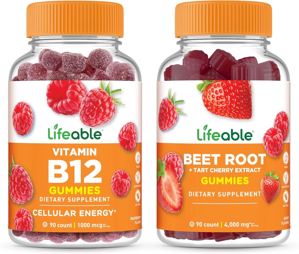 Vitamine vivante B12 + racine de betterave, Gummies Bundle - Grande dégustation, supplément de vitamine, sans gluten, sans OGM, à mâcher