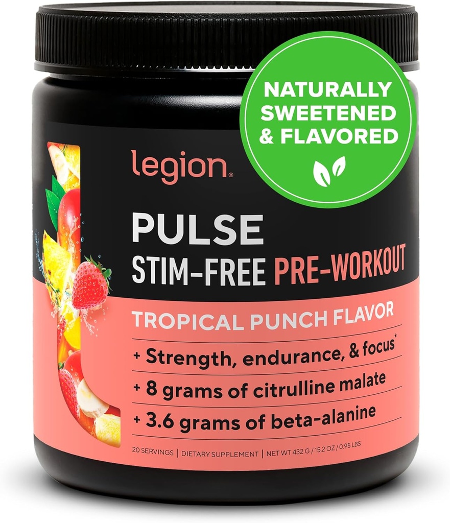 LÉGION Pulse Pre Workout Supplément - Tous les oxydes naturels de pré-entraînement boisson pour stimuler l'énergie, sans créatine, naturellement sucré, Beta Alanine, Citrulline, Alpha GPC (Caffeine Free Tropical Punch)