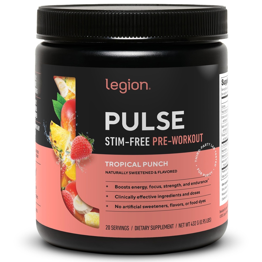 LÉGION Pulse Pre Workout Supplément - Tous les oxydes naturels de pré-entraînement boisson pour stimuler l'énergie, sans créatine, naturellement sucré, Beta Alanine, Citrulline, Alpha GPC (Caffeine Free Tropical Punch)