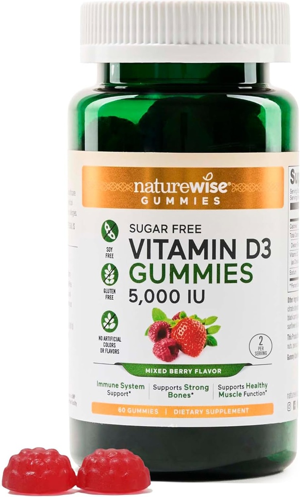 NatureWise Vitamine D3 5000 UI Gommies - Sans sucre Mélange Flaveur de baies - Gommies de vitamine D pour adultes, soutient l'immunité, les muscles et la force osseuse - Sans gélatine, sans OGM- 60 Gommies[1-Mois]