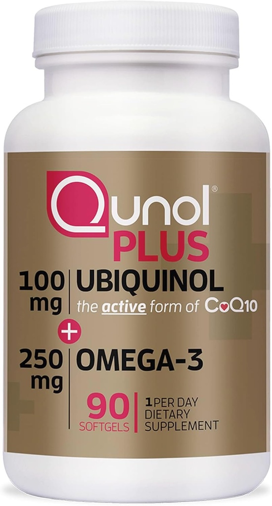 Qunol Plus Ubiquinol CoQ10 100mg avec Omega 3 Huile de poisson 250mg, Supplément antioxydant extra-fort, 90 Compte
