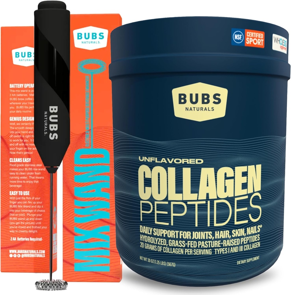 BUBS Naturals Collagen Peptides Poudre et mélange de baguettes, Collagène pour les femmes et les hommes, Peptides hydrolysés, Pâturage non aromatisé élevé gazon, Keto Friendly, 20 oz Collagen Tub (28 portions) +1 baguette
