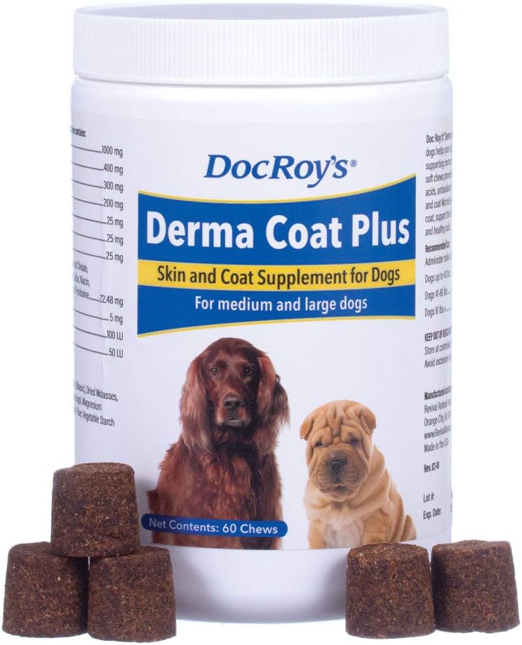 Revival Animal Health Doc Roy's Derma Coat Plus Skin & Coat Supplément pour chiens moyens/grands - 60 ct Chews