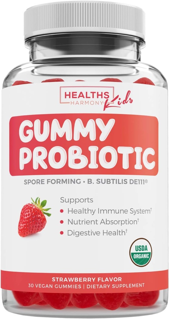 Probiotiques biologiques de l'USDA pour les enfants (non-OGM) Gummées probiotiques de fraise pour enfants pour la digestion et le soutien immunitaire - 2,5 milliards CFU de DE111 Spore formant une souche pour une survie maximale - 30 Gummys