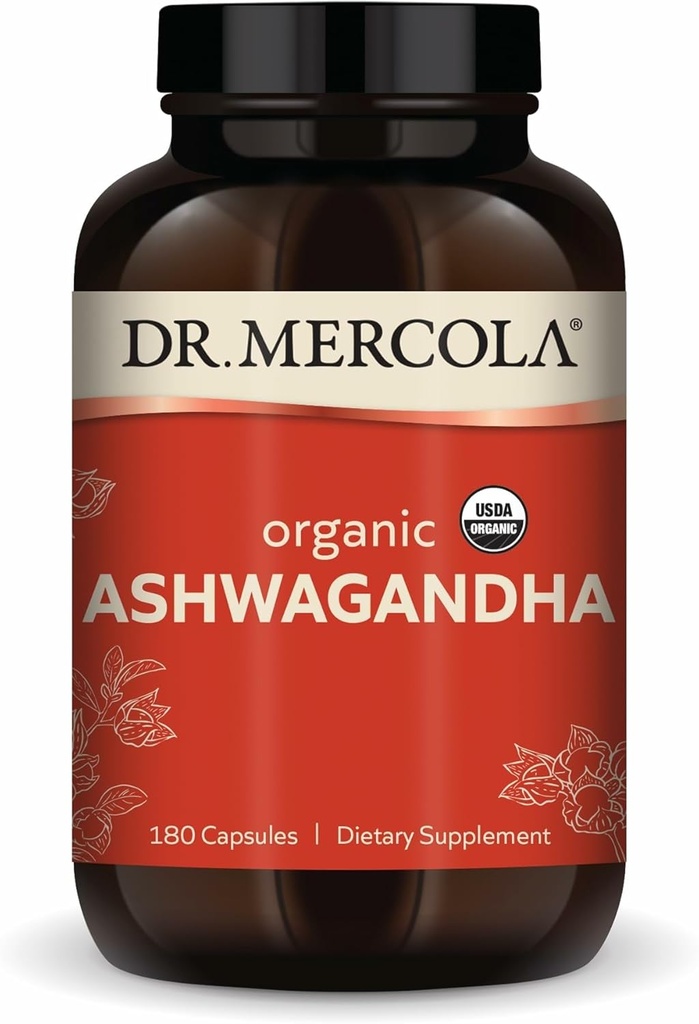 Dr. Mercola Organic Ashwagandha - Supporte la production d'énergie et la santé adrénale - 800 mg par portion - Non-OGM, sans gluten et sans soja - certifié USDA Organic - 180 capsules (90 portions)