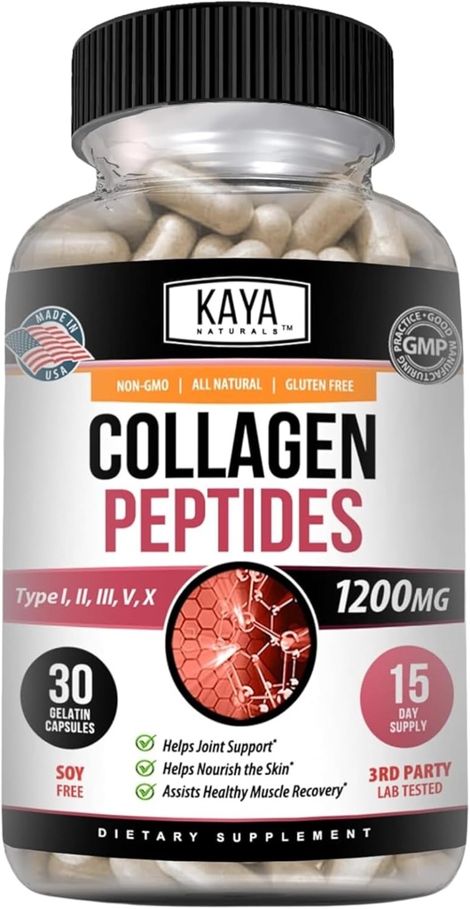 Kaya Naturals Multi Collagen Peptides Complexe Poudre pour les femmes et l'homme, Vital pour les cheveux, la peau, les ongles et l'anti-âge, Types I, II, III, V & X Collagen Protein Blend
