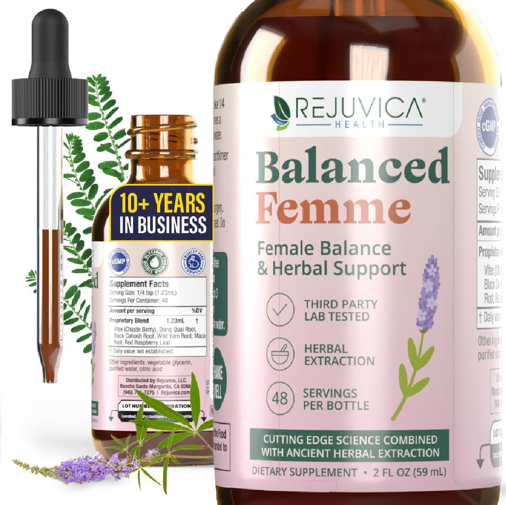 Rejuvica Health Balanced Femme - Supplément avancé de soutien de l'équilibre féminin - Livraison liquide pour une meilleure absorption - Vitex, Dong Quai, Black Cohosh, Maca Wild Yam & More!