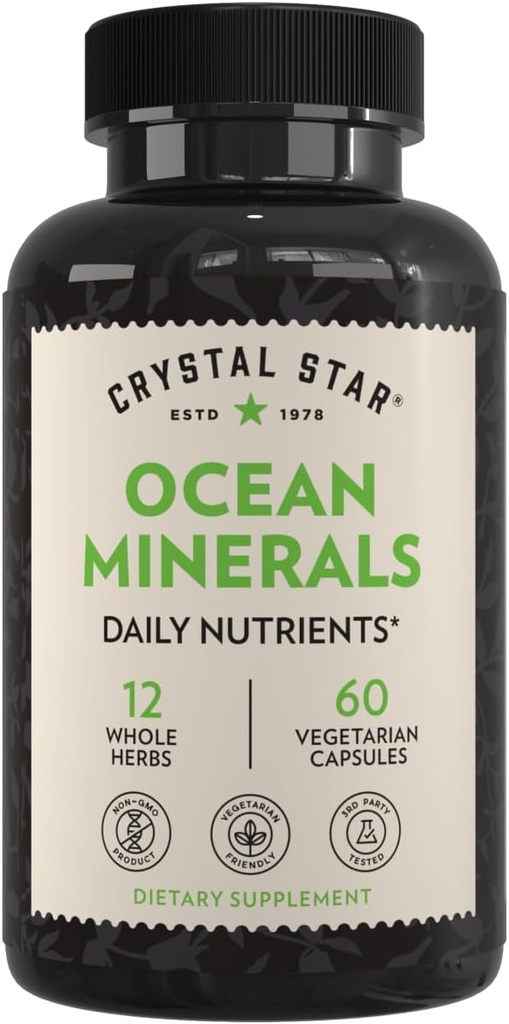 Supplément aux minéraux de Crystal Star Ocean (60 capsules) – Supplément à base de plantes quotidiennes pour la santé des os et le collagène – Sea Buckthorn, Spiruline et Alfalfa biologique - Non-OGM