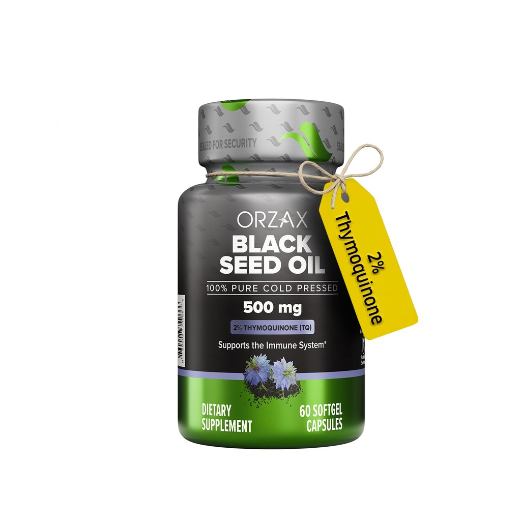 ORZAX Huile de Graine Noire Cold Pressed 100% Pure (non-OGM) - Riche en Omega 3 6 9 et Thymoquinone (huile de Nigella Sativa de Cumin noir pour le soutien immunitaire, les cheveux, la peau, le visage (500 mg - 60 capsules de Softgel)