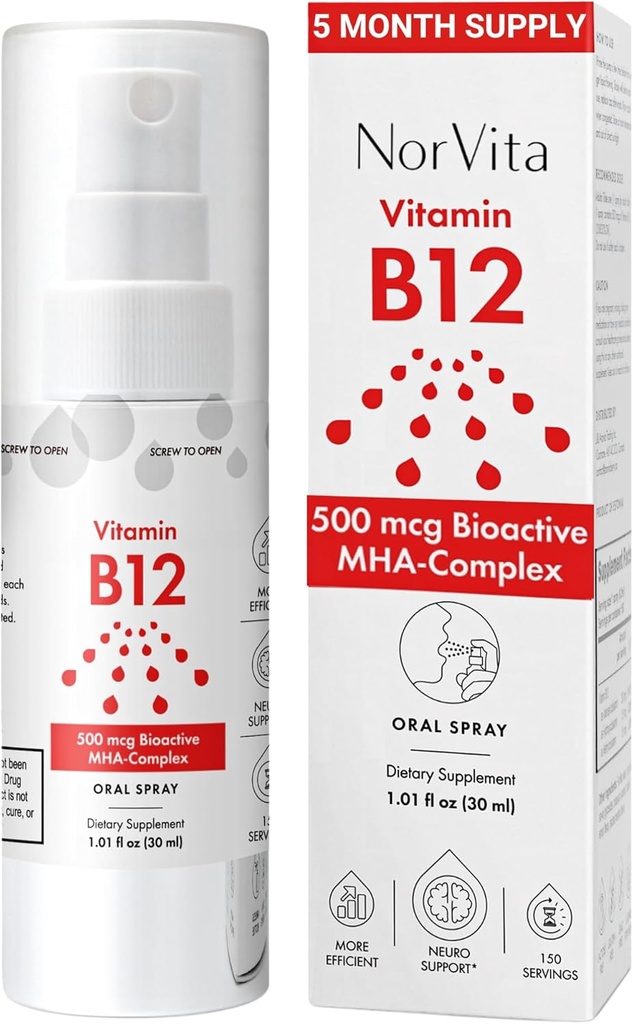 Vitamine B12 Spray 500 mcg (150 portions) - Absorption rapide Complexe MHA (méthylcobalamine, hydroxycobalamine, adénosylcobalamine) - Vegan, non-OGM, supplément liquide B12
