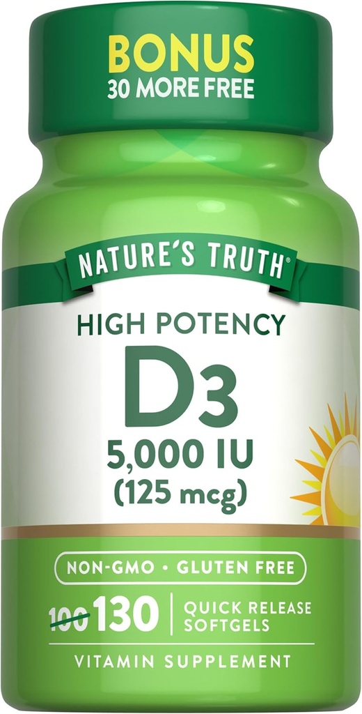 Nature's Truth Vitamin D3 5000 IU Softgels | 130 Count | High Potency | Non-GMO & Gluten Free Supplement
