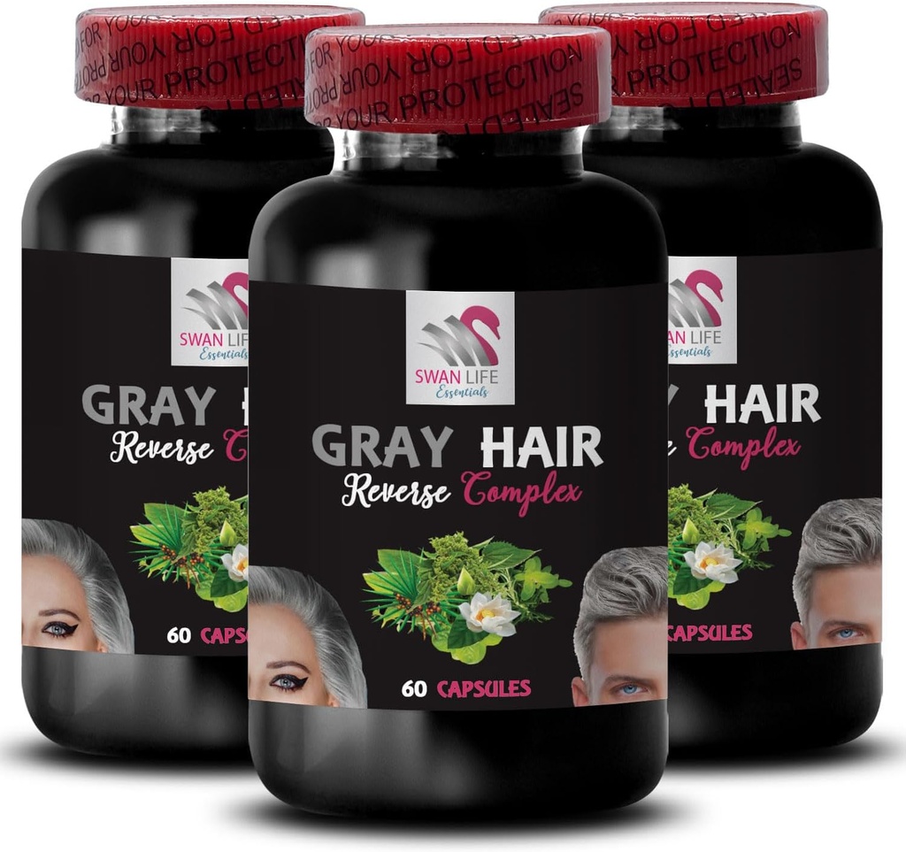 Complexe de Cheveux Naturels - Gris Inverser les cheveux - Vibrance fraîche, Rééveil de la couleur, Tons de cheveux, Restaurer Vibrance, Couleur Rafraîchir, Gonflement des cheveux, Apparence jeune, Cheveux lumineux 3 bouteilles 180 capsules