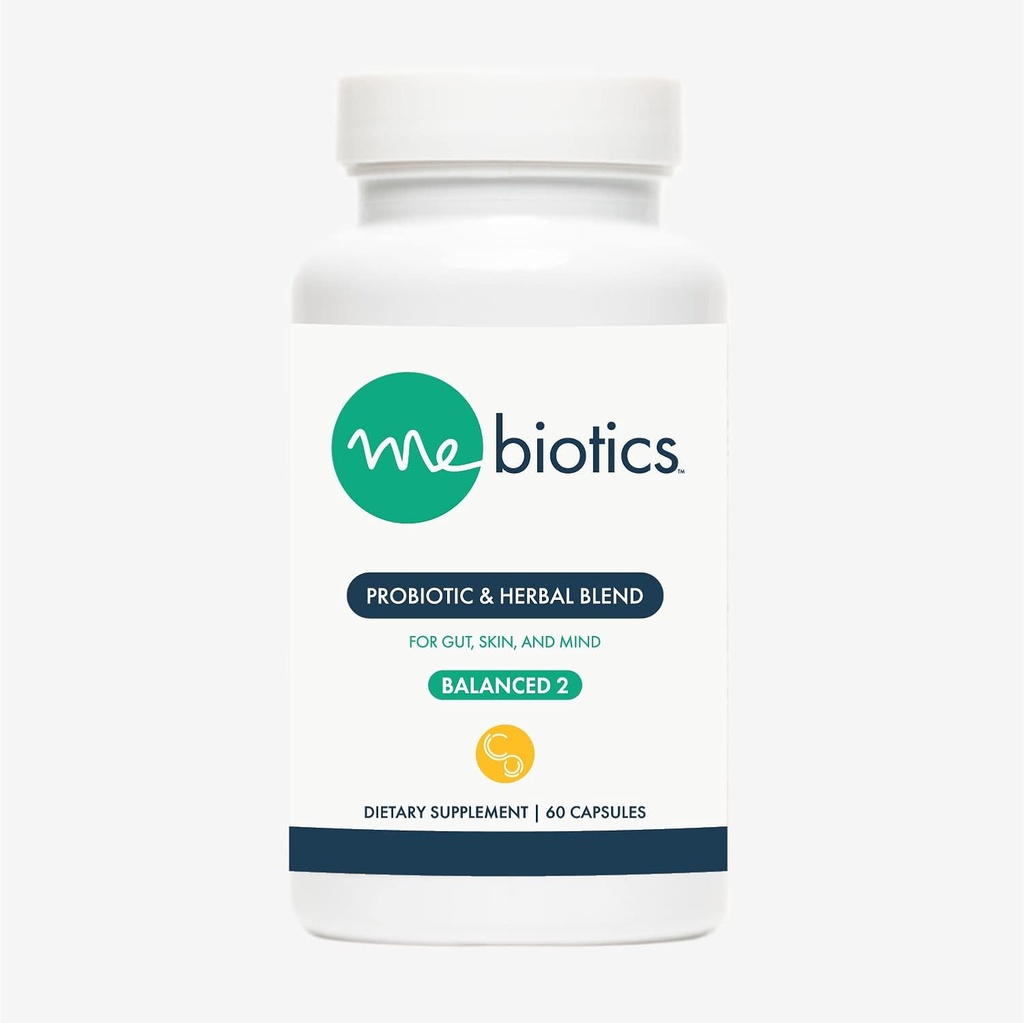 Microbiome Labs Mebiotics Probiotics & Herbal Supplement Balanced 2 - Bacillus Subtilis & Lemon Baume pour la peau + Santé Gut - Probiotiques oraux pour soutenir la peau Gut, l'esprit et la peau (60 comte)