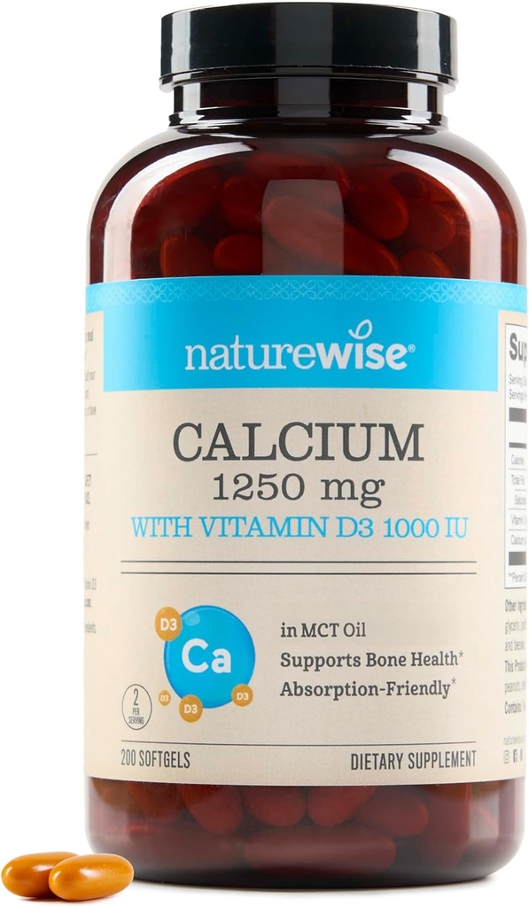 NatureWise Haute pureté, Calcium tout naturel 1250mg + Vitamine D3 1000IU + Huile de noix de coco MCT biologique - Grossesse sans danger + non-OGM - Absorption amicale, sans gluten - 200 Softgels[100 jours]