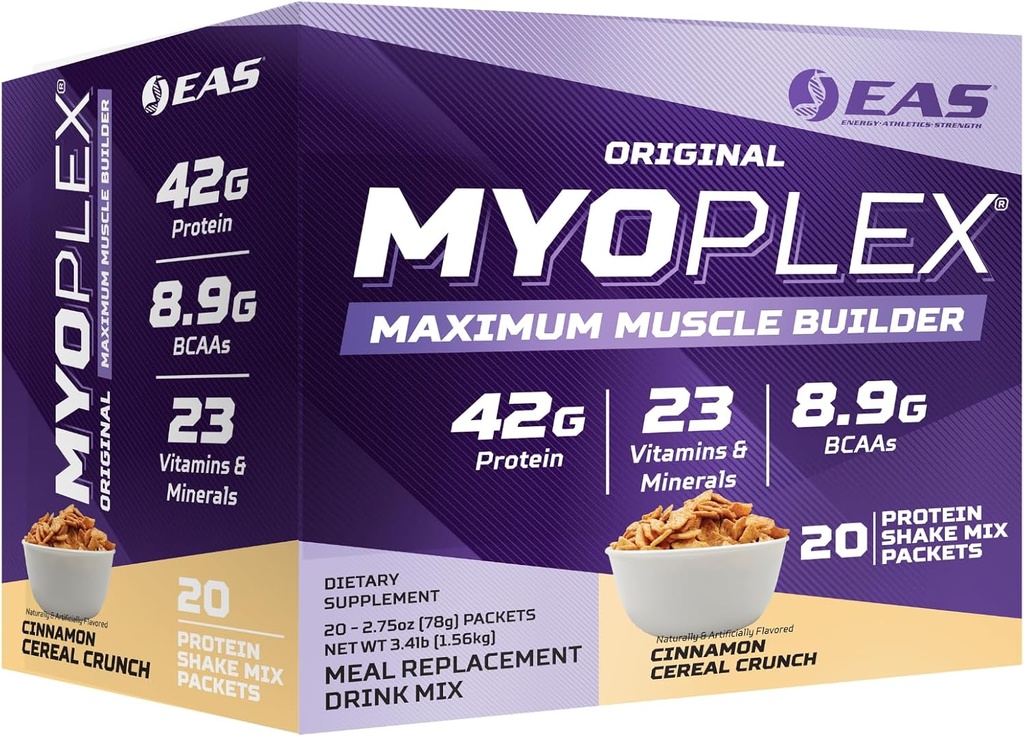 EAS Experimental and Applied Sciences Original Myoplex Maximum Muscle Builder, Meal Replacement Protein Drink Mix | Quality Protein Blend | 42g Protein | 20 Individual Packet (Cinnamon Cereal Crunch)