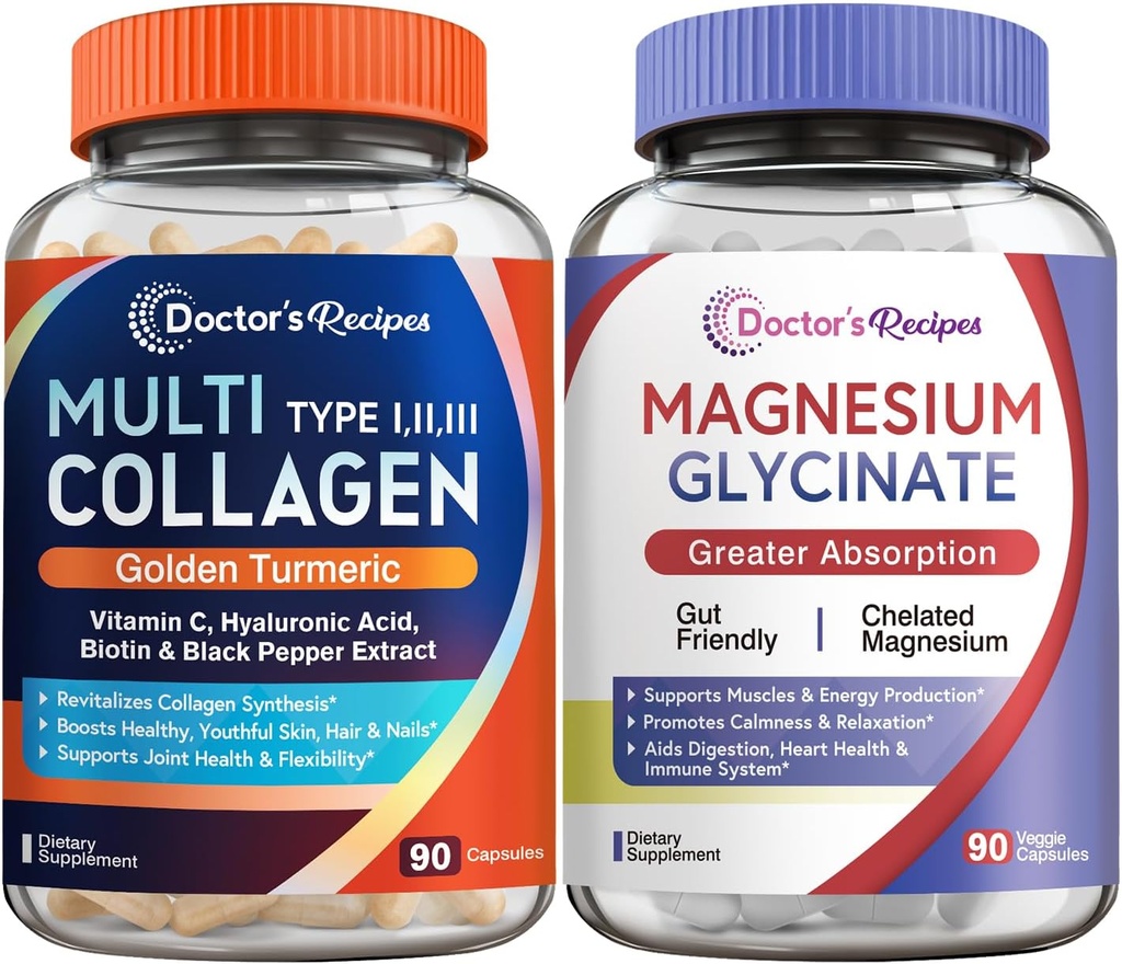 Recettes du médecin Complexe multi collagène et ensemble de glycinate de magnésium, rajeunissement corporel entier, détente et soulagement, capsules de collagène 90 ct et capsules de magnésium 90 ct