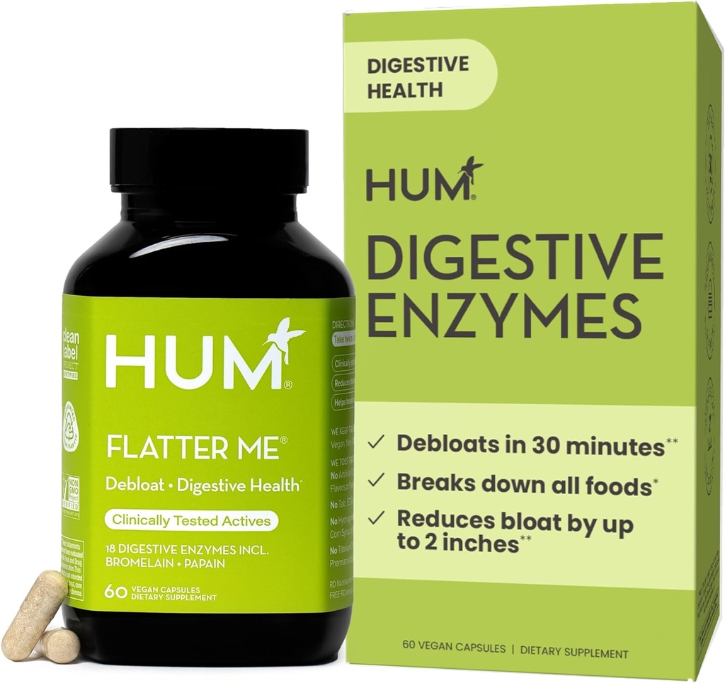 HUM Flatter Me Enzymes digestifs pour les femmes et les hommes, Supplément de bloom pour la santé digestive avec Ginger & Peppermint Leaf, Pilules Anti Bloat à action rapide Multi Enzyme pour les ballonnements, Vegan, 60 Capsules
