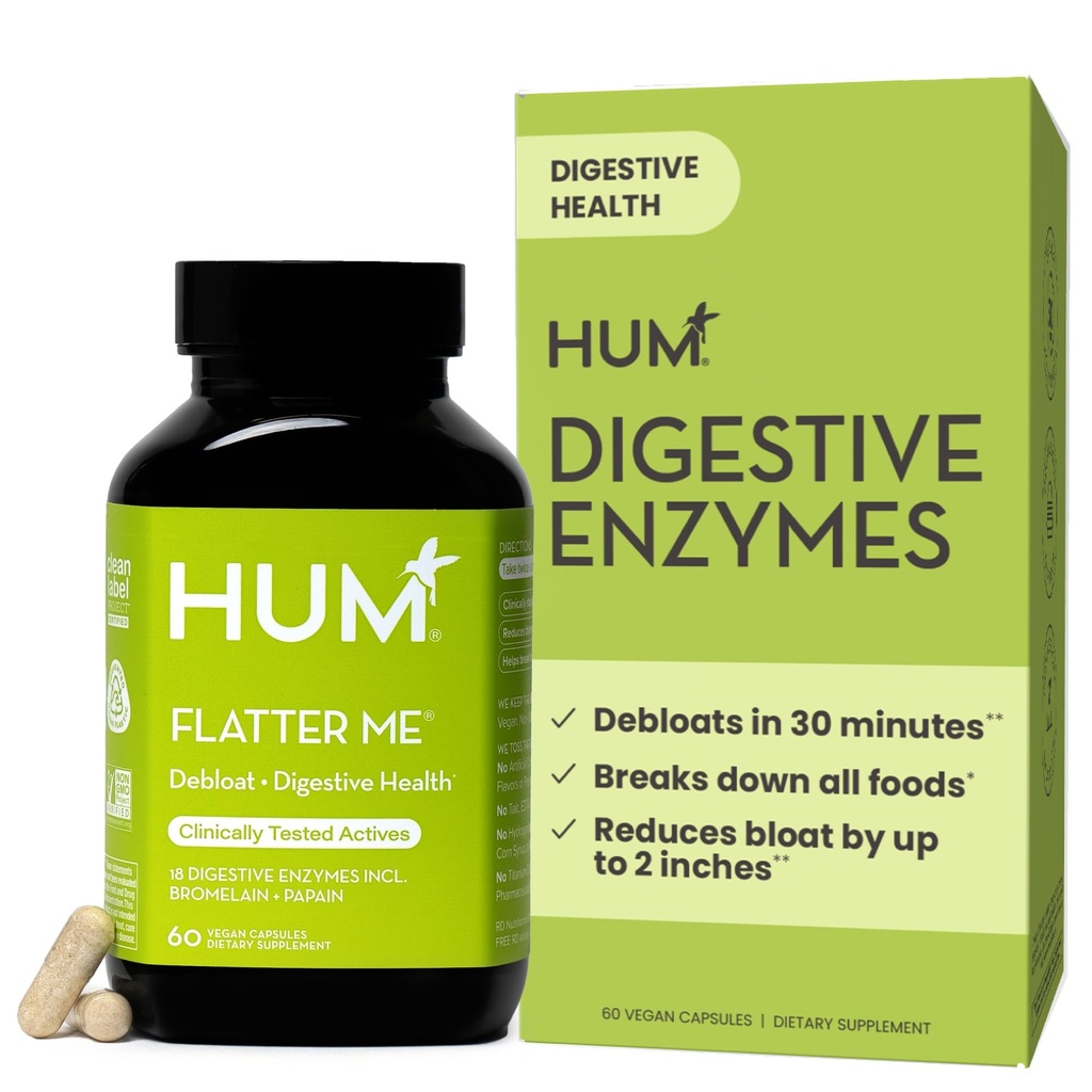 HUM Flatter Me Enzymes digestifs pour les femmes et les hommes, Supplément de bloom pour la santé digestive avec Ginger & Peppermint Leaf, Pilules Anti Bloat à action rapide Multi Enzyme pour les ballonnements, Vegan, 60 Capsules