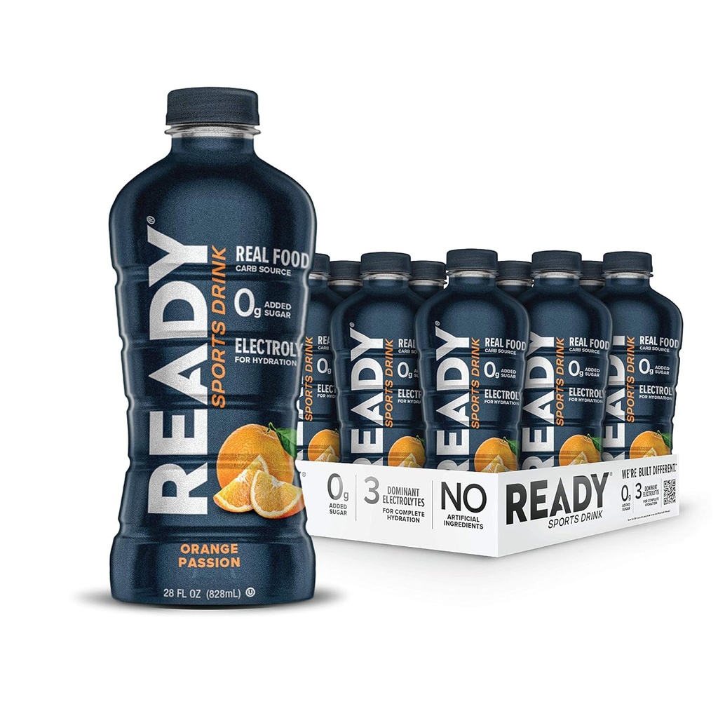 Ready® Sports Drink – Hydratation par électrolyte avec des glucides super-fruits, des vitamines B et pas de sucre ajouté – Énergie propre pour les athlètes & Endurance – Sans gluten, végétalien, casher – Orange Passion (12-Pack)
