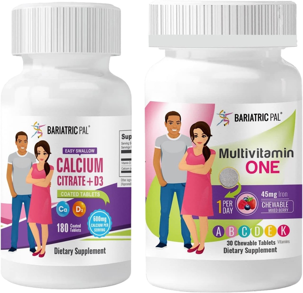 BariatricPal 30 jours Bariatric Vitamine Bundle Multivitamine ONE 1 par jour! A croquer avec 45mg de fer - Citrate de calcium de baies mélangées et d'avale facile (600mg) et comprimés enduits D3