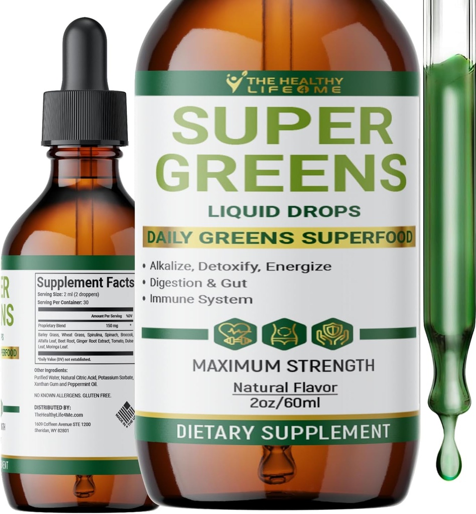 Liquid Super Greens gouttes d'antioxydants puissants d'Immune Support digestif d'Immune Santé de Peppermint Flavor d'Immune par La vie saine pour moi de 2oz - 30 jours d'approvisionnement