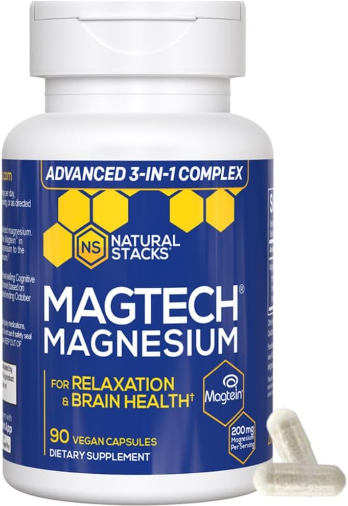 Magnésium Magtéin L-Thréonate, Glycinate & Taurate – 200 mg Complexe de magnésium chélaté – MagTech Supplément de magnésium pour la relaxation et la santé du cerveau – 90 capsules