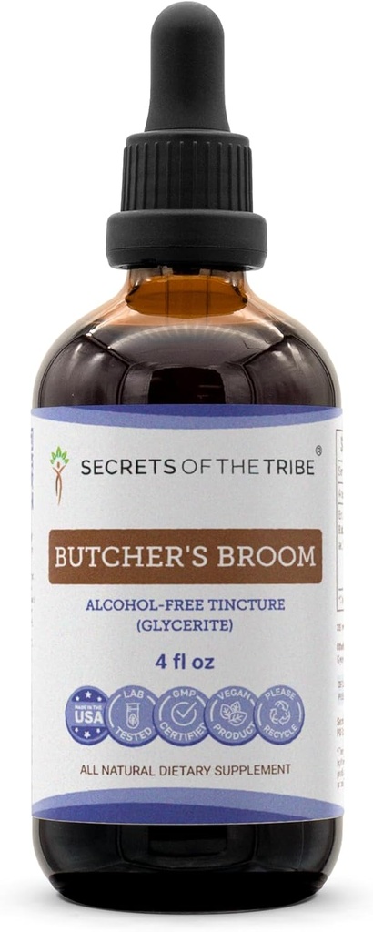 Secrets of the Tribe Butcher's Broom Tincture Alcohol-Free Liquid Extract, Butcher's Broom (Ruscus aculeatus) Dried Root (4 FL OZ)