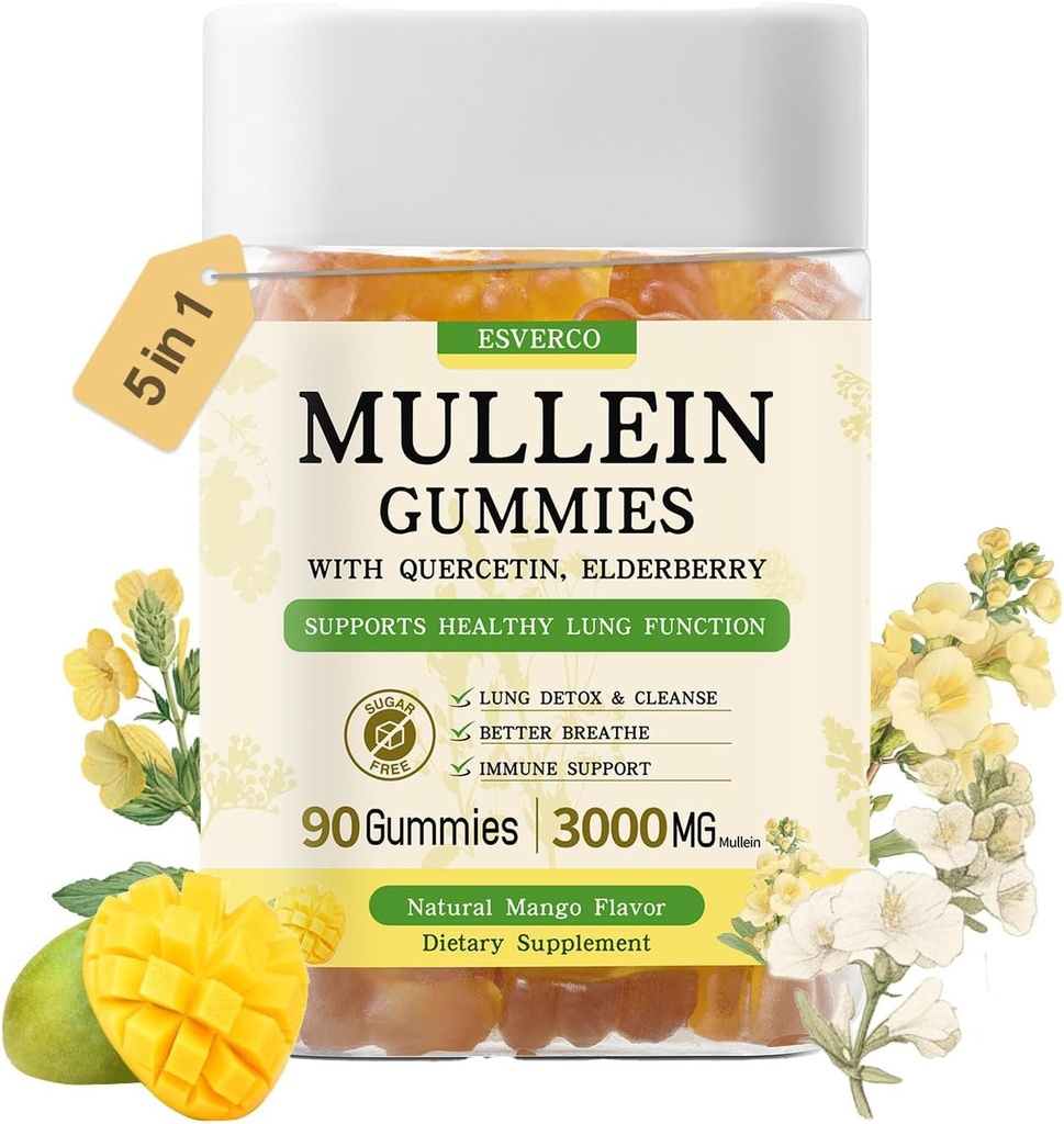 Gummies Mullein avec 3600mg Extrait de feuille Mullein, 7 en 1 pour le nettoyage pulmonaire, Santé respiratoire pulmonaire, Immune Booster, Elderberry, Quercetin, Bromélain, Vitamine C&D3, Pas de sucre, pour les adultes, Vegan, 90 Compte
