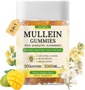 Gummies Mullein avec 3600mg Extrait de feuille Mullein, 7 en 1 pour le nettoyage pulmonaire, Santé respiratoire pulmonaire, Immune Booster, Elderberry, Quercetin, Bromélain, Vitamine C&D3, Pas de sucre, pour les adultes, Vegan, 90 Compte