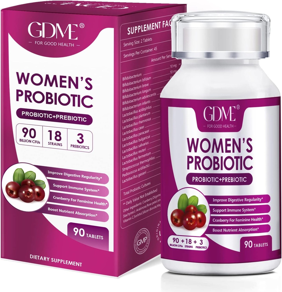 GDME Probiotiques pour femmes, 90 comprimés 90 milliards CFU 18 souches, contient de la canneberge prébiotique biologique, supplément probiotique pour la digestion, l'immunité, la santé des femmes, sans gluten de soja