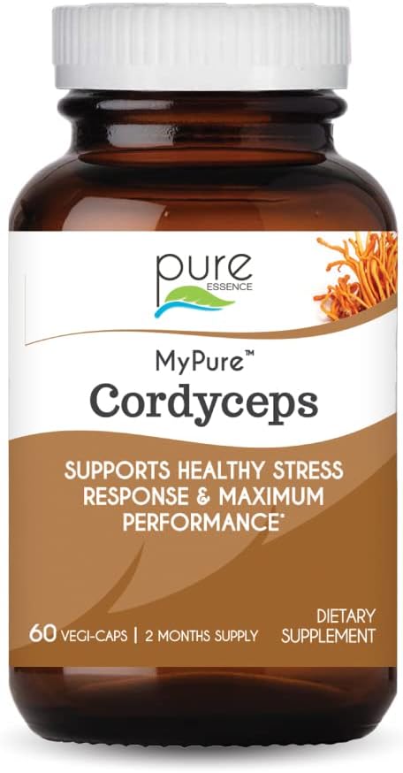 PURE ESSENCE LABS MyPure Cordyceps - Supplément de champignons biologiques - Extrait de champignons 100% réel - Meilleur pour le soutien immunitaire, le stress, construire l'énergie pour les hommes et les femmes adultes (60 capsules)