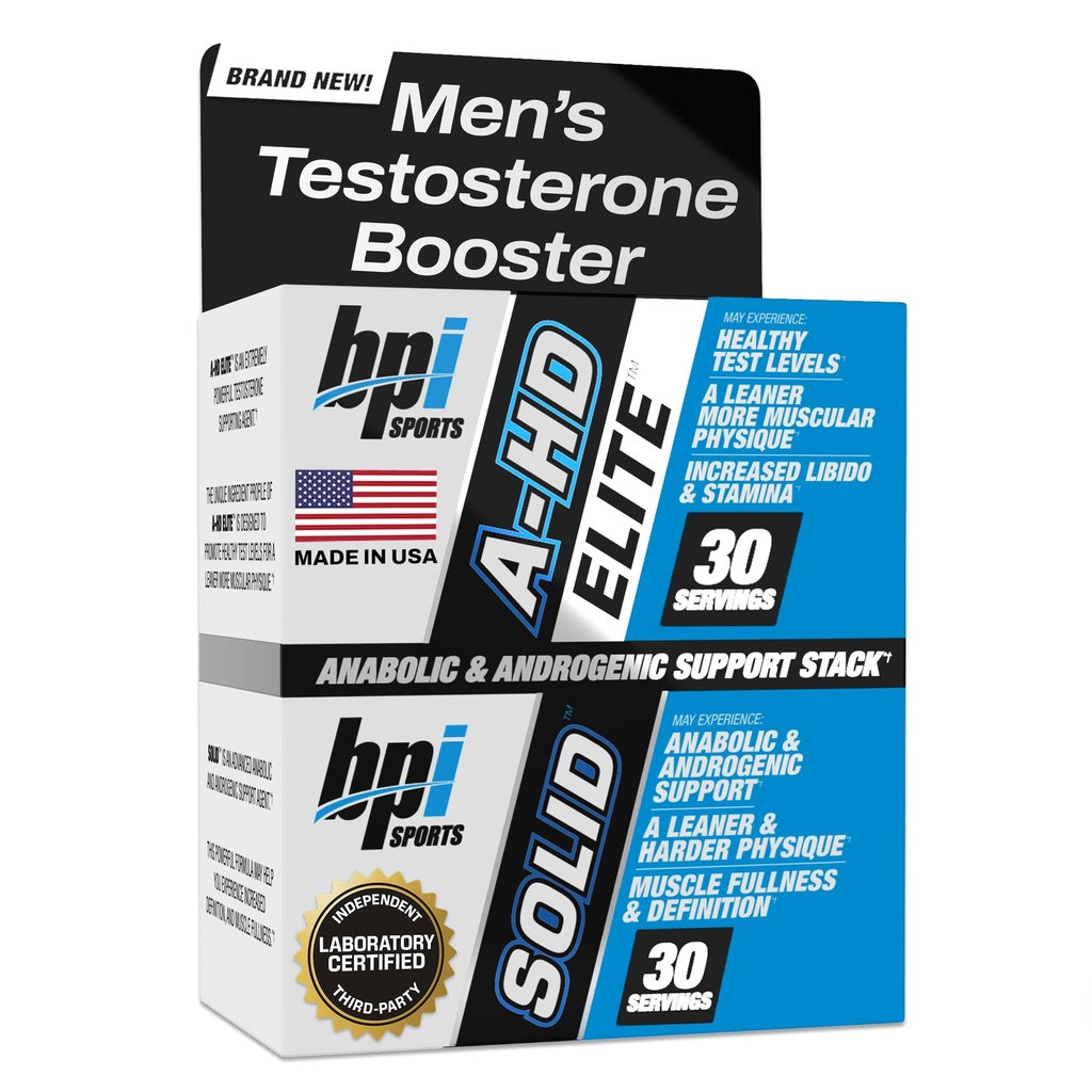 BPI Sports A-HD Elite/Solid Testostérone Booster pour hommes - Supplément testostérone pour le muscle, la force, la libido et le soutien de la performance - favorise la perte naturelle de graisse – 30 portions – 550mg