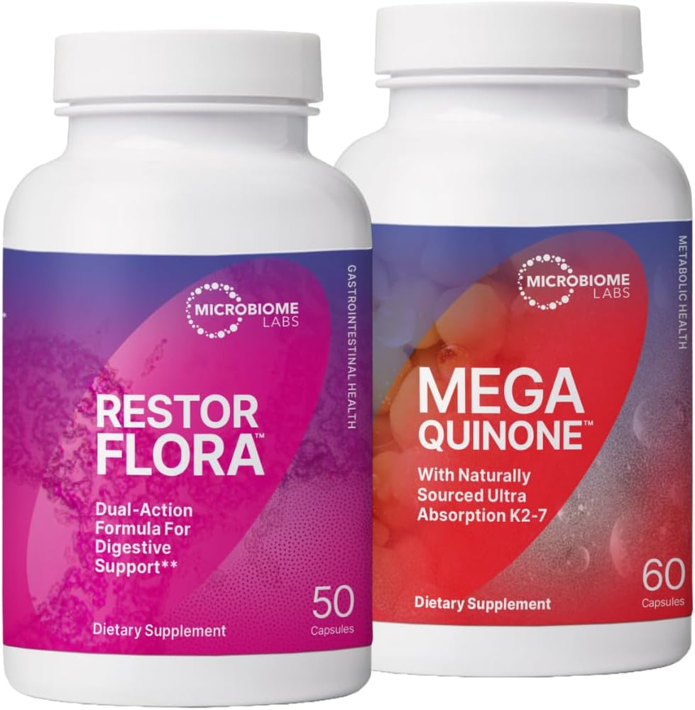 Microbiome Labs RestrorFlora Spore & Yeast Probiotics Supplément (50 capsules) + MegaQuinone K2-7 Supplément complet de vitamine K Vitamine K1 & K2 MK-7 K2 avec Magnésium & Zinc (60 capsules) - 2 Produits
