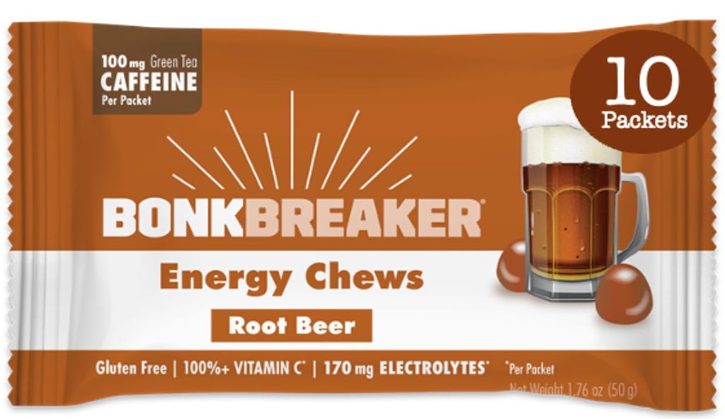 Bonk Breaker Energy Chews, ingrédients sans lait, sans gluten pour fournir une énergie et un focus rapides, 1 boîte de 10 paquets, bière racine