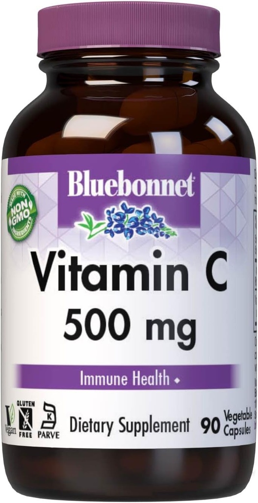 Bluebonnet Nutrition Vitamine C 500 mg Capsules végétales, acide ascorbique, pour la santé immunitaire et la peau, végétalien, végétarien, non OGM, sans gluten, sans soja, sans lait, casher, 90 capsules végétales