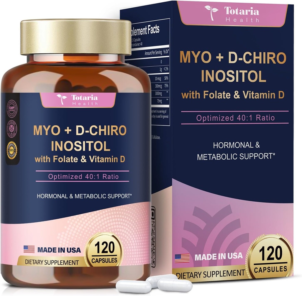 Supplément Inositol Totaria - 3075mg Capules Inositol Myo-Inositol & D-Chiro Inositol Plus Vitamine D3, Folate, Rapport idéal de 40:1 - Balance hormonale pour les femmes et l'ovaire* Soutien