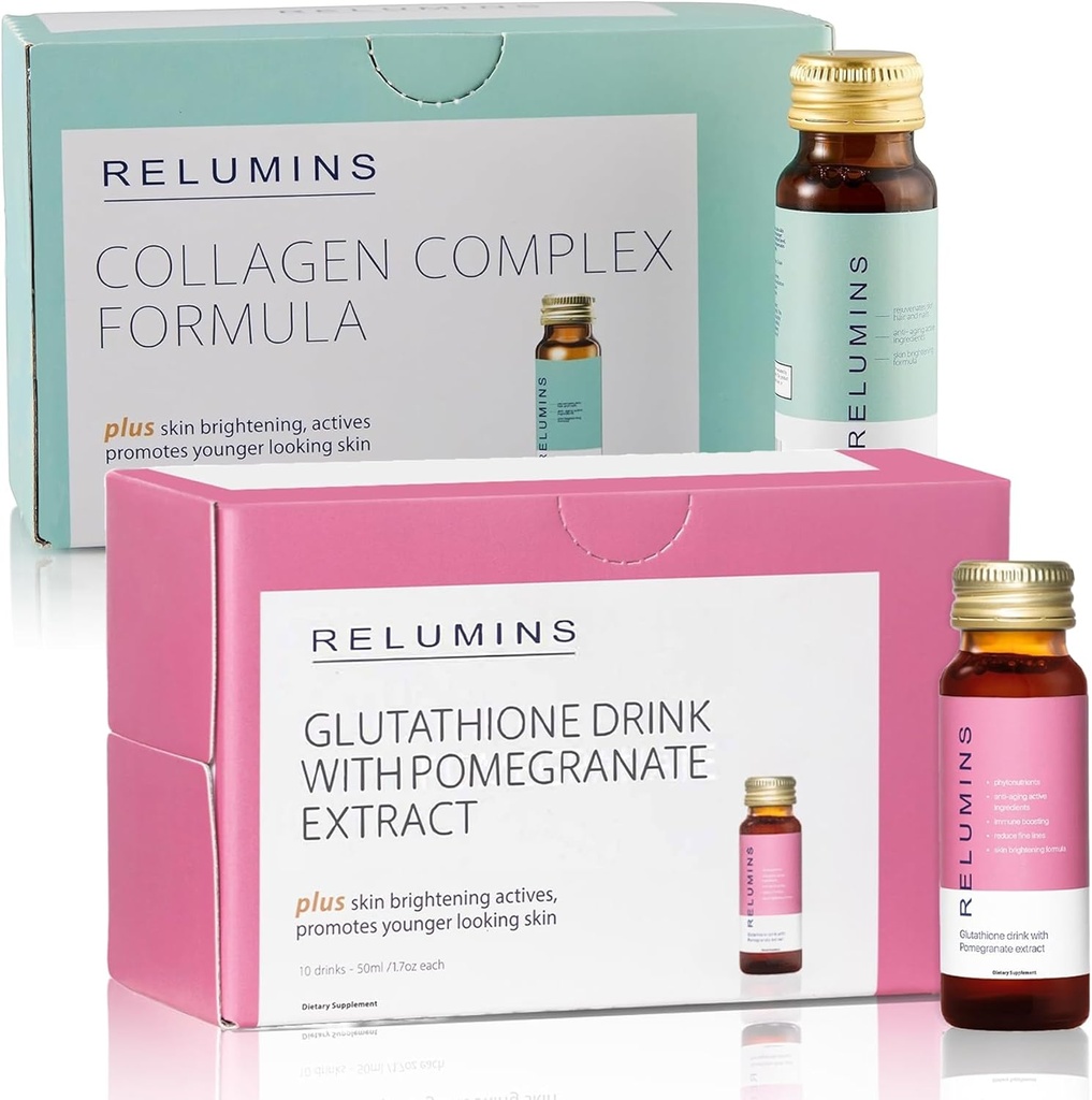 Relumins Advance Rejuvenating Collagen Beauty Drink – Apple Flavor & Beauty Glutathion Drink – Pomégranate Flavor.