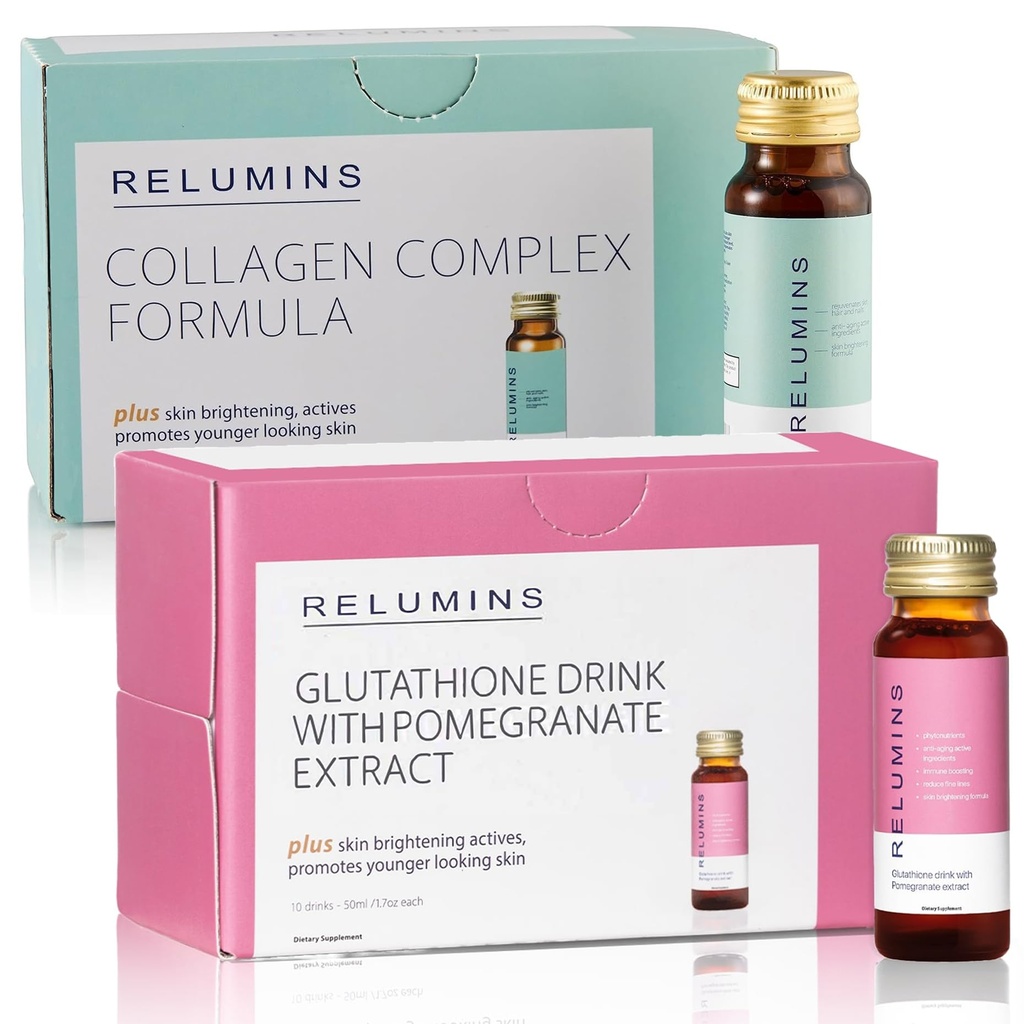 Relumins Advance Rejuvenating Collagen Beauty Drink – Apple Flavor & Beauty Glutathione Drink – Pomegranate Flavor | Refreshing, Nutrient-Rich Formula for Radiant Skin & Wellness – 1 Box Each