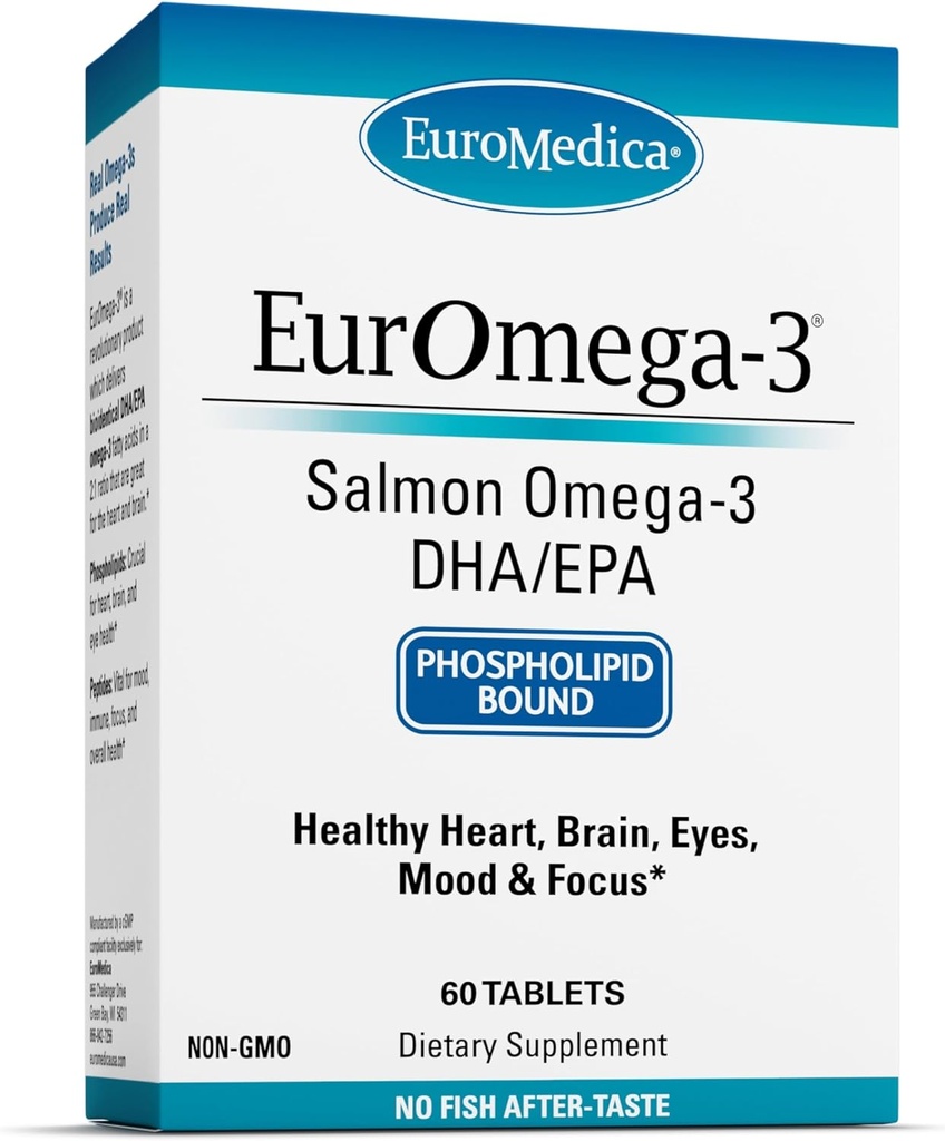 EuroMedica EurOmega-3 - Supplément alimentaire avec EPA & DHA - Comprimés Oméga-3 pour le soutien du cerveau et de la santé cardiaque - Supplément nutritionnel avec acides gras essentiels et peptides - 60 comprimés