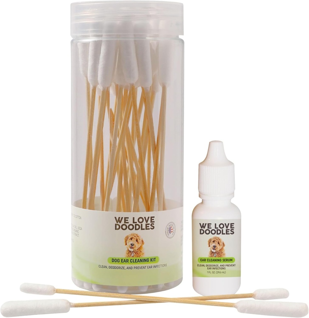 We Love Doodles Dog Ear Cleaning Solution Kit | Prevent Infections | Natural | Made in USA | Ear Drops for Dogs | Itching, Deordoring, Yeast & Mites Infection (Serum + 25 Swabs)